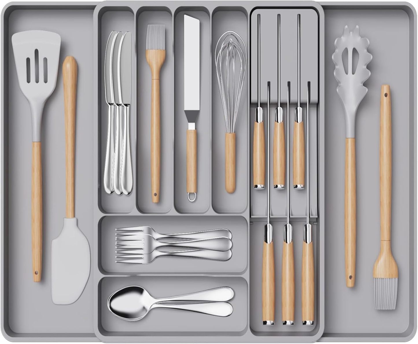 Silverware Organizer for Kitchen Drawers, Expandable Utensil Tray with Removable Knife Block