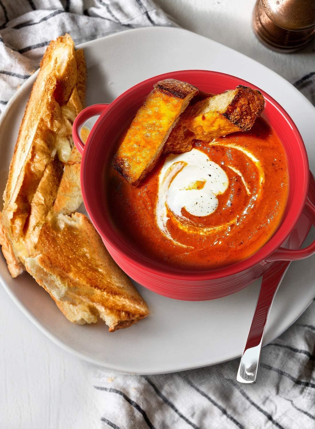 Soup Bowls with Handles, Ceramic French Onion Soup Bowls 28 Ounces for Soup, Cereal, Chilli, Beef Stew, Stackable Serving Bowls Set