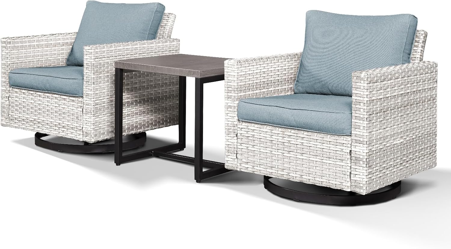 3-Piece Patio Swivel Chairs,PE Wicker Outdoor Rocking Chairs Bistro Set with Side Table Porch Balcony Furniture with Cushions