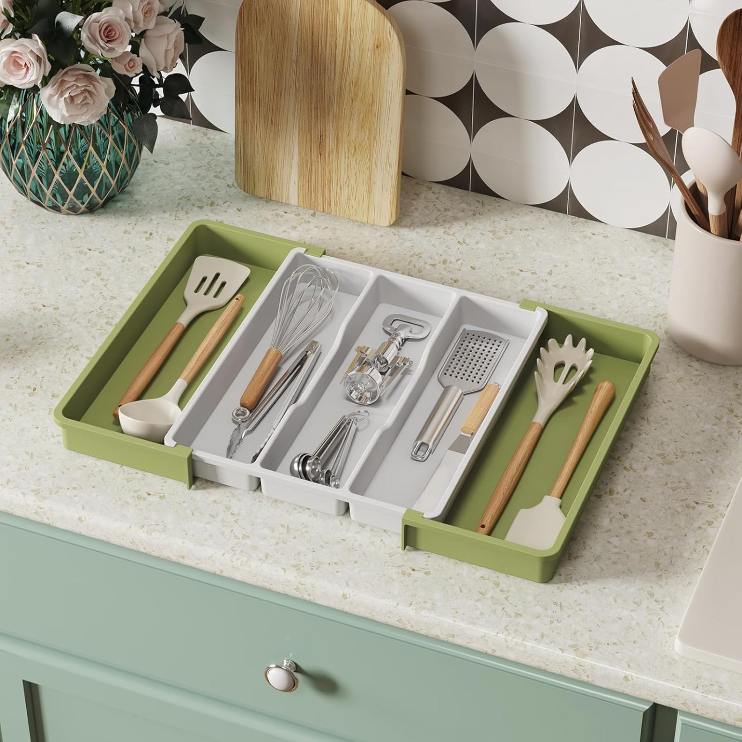 Utensil Organizer for Kitchen Drawers, Expandable Cooking Utensil Tray, Adjustable Cutlery Silverware Flatware Holder