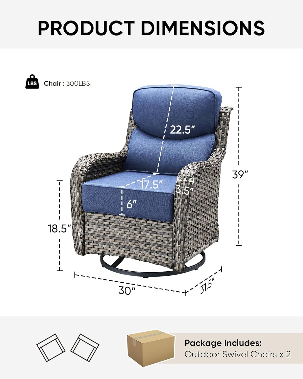 Outdoor Patio Wicker Swivel Rocker Chairs Set of 2 with 6-Inch Thick Cushion