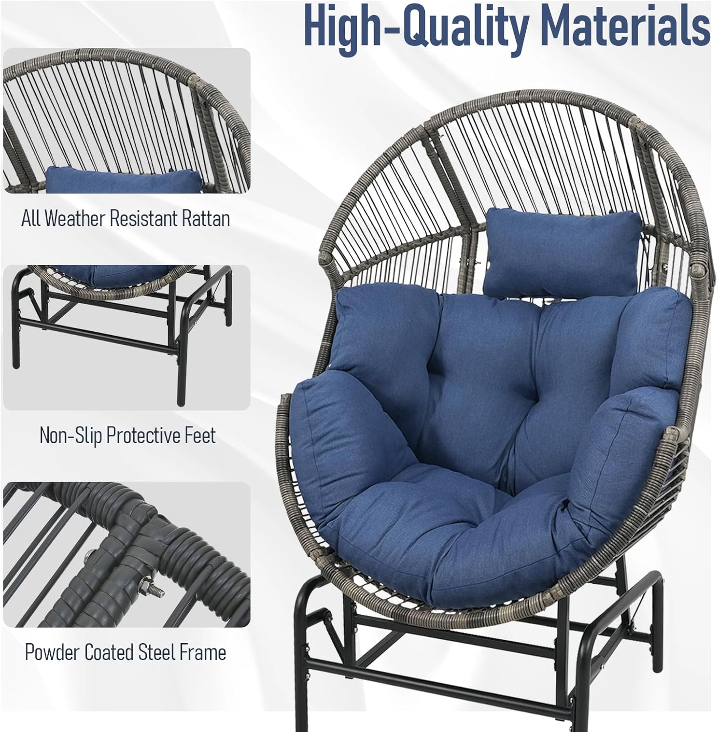 Outdoor Rocking Egg Chair - All-Weather Wicker Egg Basket Chair Rocker Glider Chair for Patio Balcony Living Room Sunroom