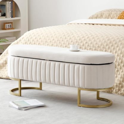 50" Storage Ottoman Bench, Velvet Upholstered End Bed Bench with Metal Legs, Tufted Entryway Bench with Ring-Pull