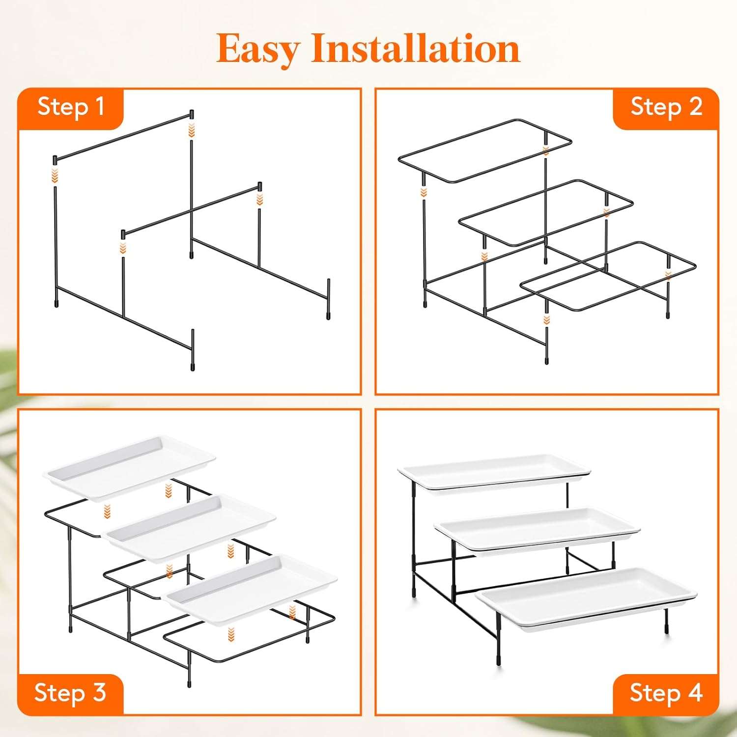 3 Tier Plastic Serving Tray for Party Supplies, 12" x 6.5" Platters for Serving Food, White Reusable Trays with Black Metal Display Stand