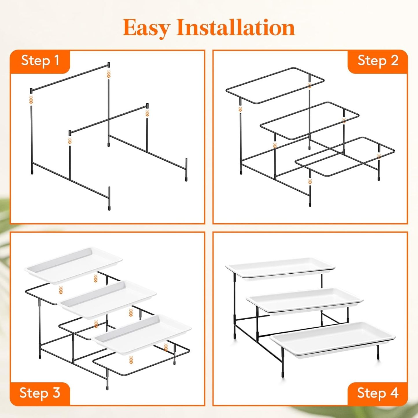 3 Tier Plastic Serving Tray for Party Supplies, 12" x 6.5" Platters for Serving Food, White Reusable Trays with Black Metal Display Stand
