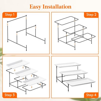 3 Tier Plastic Serving Tray for Party Supplies, 12" x 6.5" Platters for Serving Food, White Reusable Trays with Black Metal Display Stand