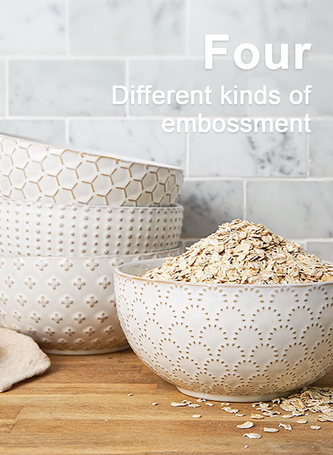 Cereal bowls 26 oz, Ceramic Soup Bowl for Kitchen, Embossment Stoneware Bowl for Pho, Chip, Fruits, Salad, Noodle, Ramen