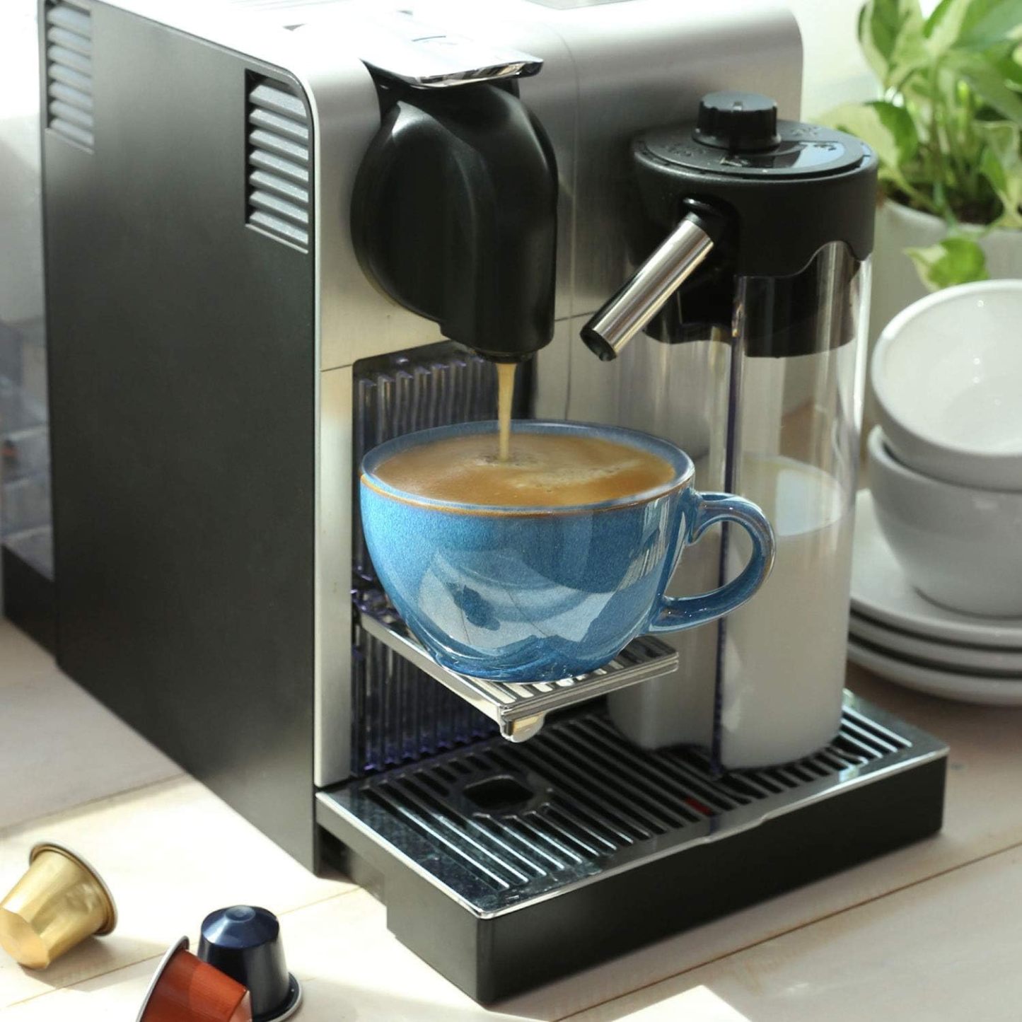 6 oz Cappuccino Cups with Saucers，Ceramic Coffee Cup for Au Lait, Double shot, Latte, Cafe Mocha, Tea - Set of 4, Ceylon Blue