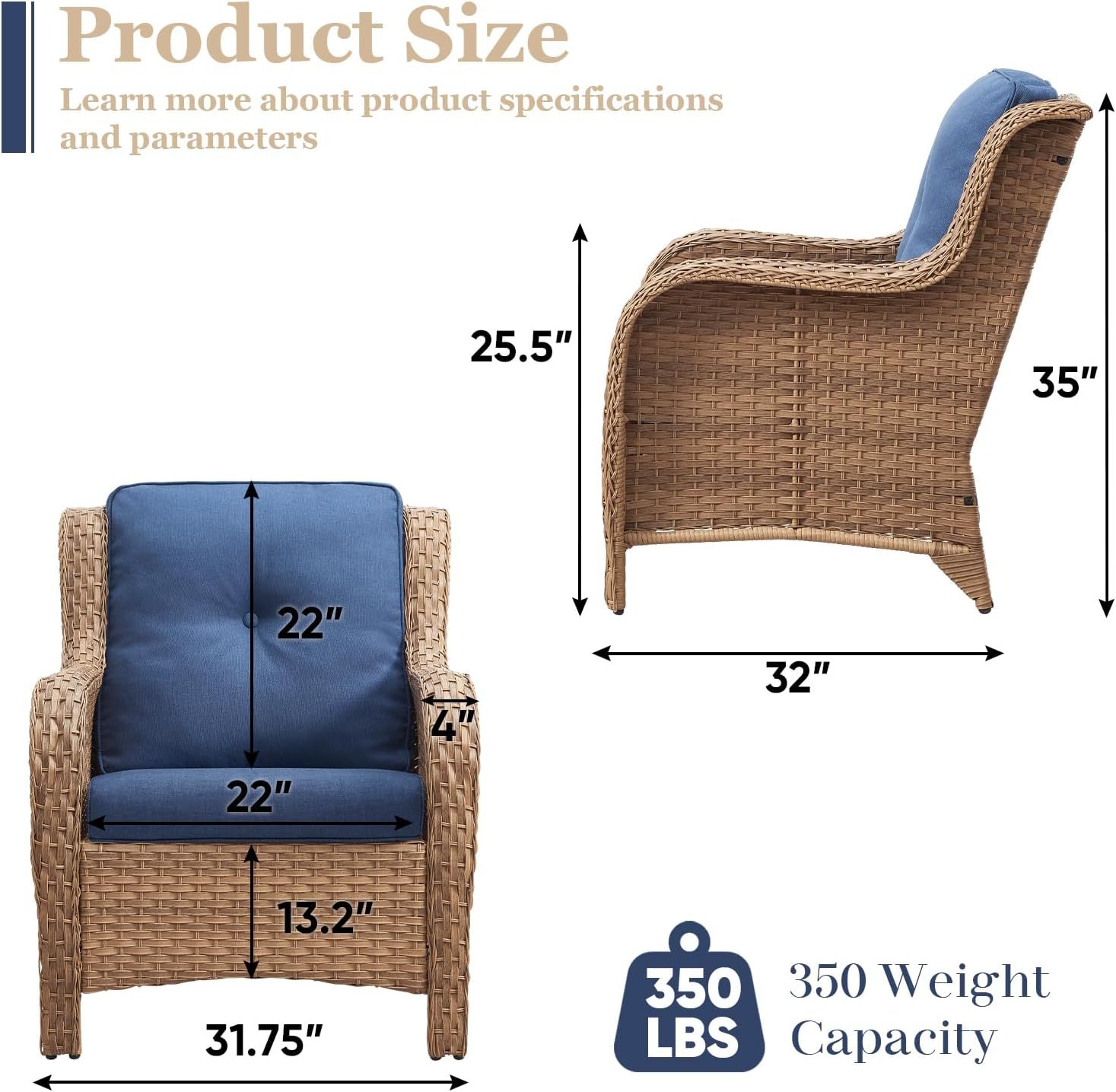 3 Pieces Patio Bistro Set Wicker Patio Chairs Set of 2 with Tempered Glass Top Side Table Rattan Outdoor Furniture Conversation Set