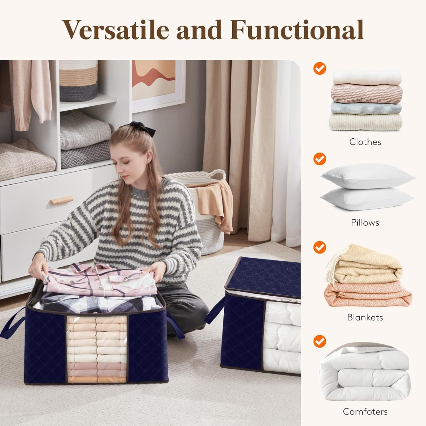 Large Capacity Clothes Storage Bag Organizer with Reinforced Handle Thick Fabric for Comforters, Blankets, Bedding