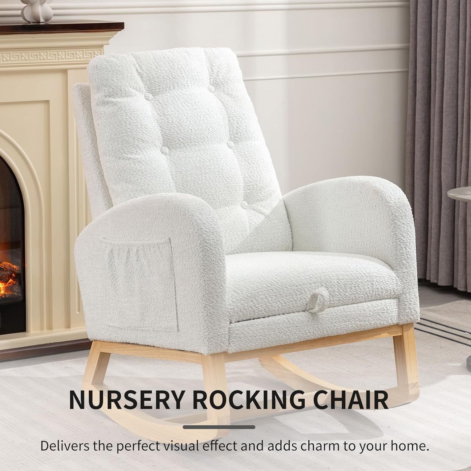 Nursery Rocking Chair, Polar Fleece Upholstered Glider Chair with Adjustable Footrest, Recliner Chair with Side Pocket