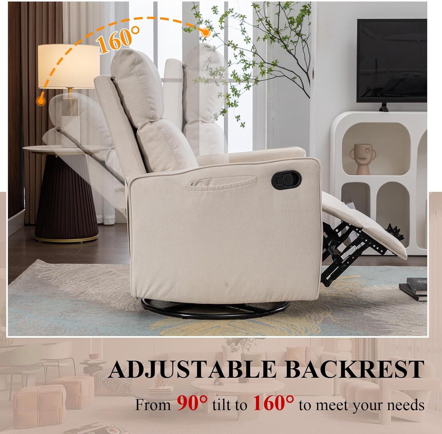 Nursery Rocking Chair, Linen Upholstered Glider Chair with High Backrest and Footrest, Manual Recliner Sofa Chair with Side Pocket