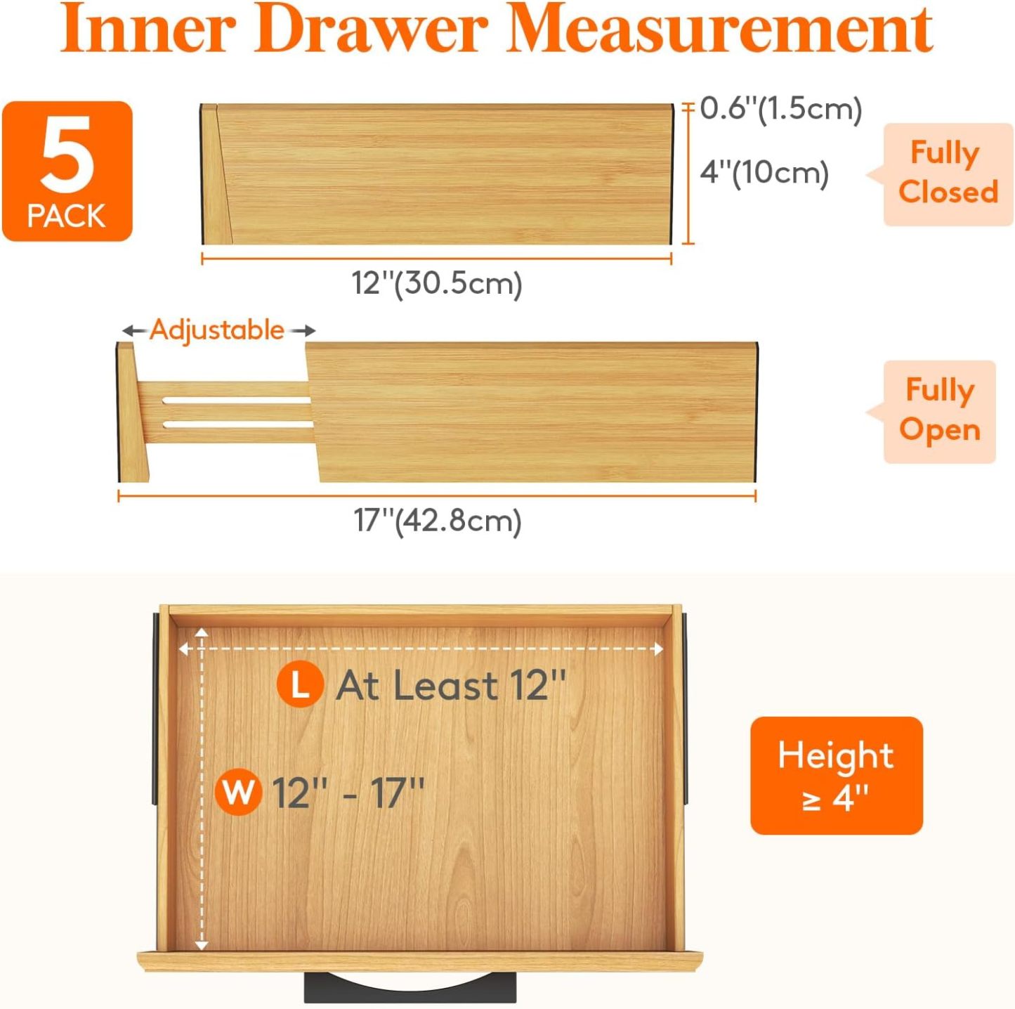5 Pack Drawer Dividers Bamboo 4" High, 12-17" Adjustable Drawer Organizers for Clothes, Expandable Dresser Separators