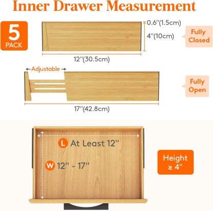 5 Pack Drawer Dividers Bamboo 4" High, 12-17" Adjustable Drawer Organizers for Clothes, Expandable Dresser Separators