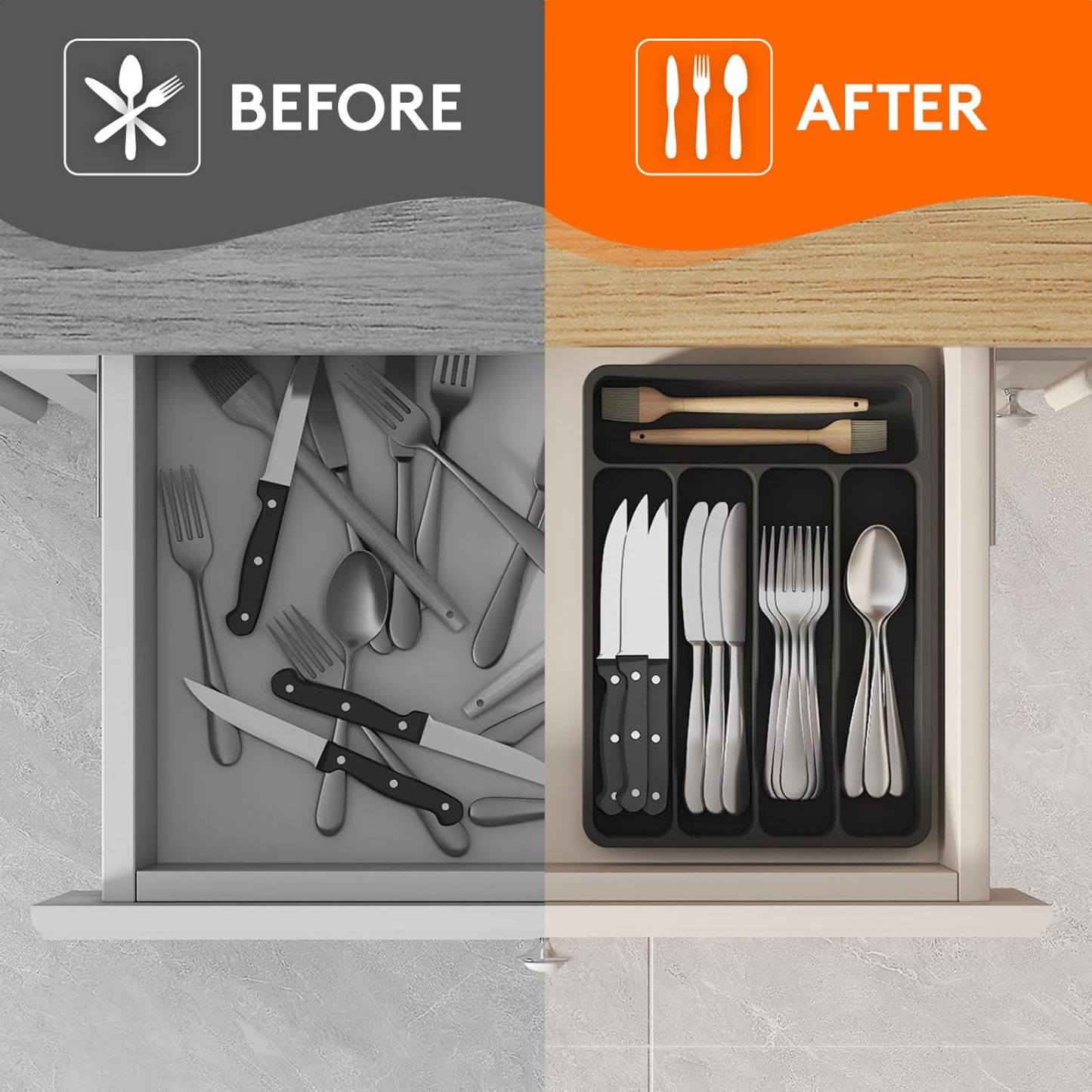 Silverware Drawer Organizer Tray, Plastic Cutlery Storage for Kitchen Drawer, Flatware and Utensil Holder Divider