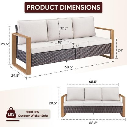 Outdoor Wicker Sofa-3 Seater Rattan High Back Couch Patio Sofa for Deck Porch Garden Balcony Poolside