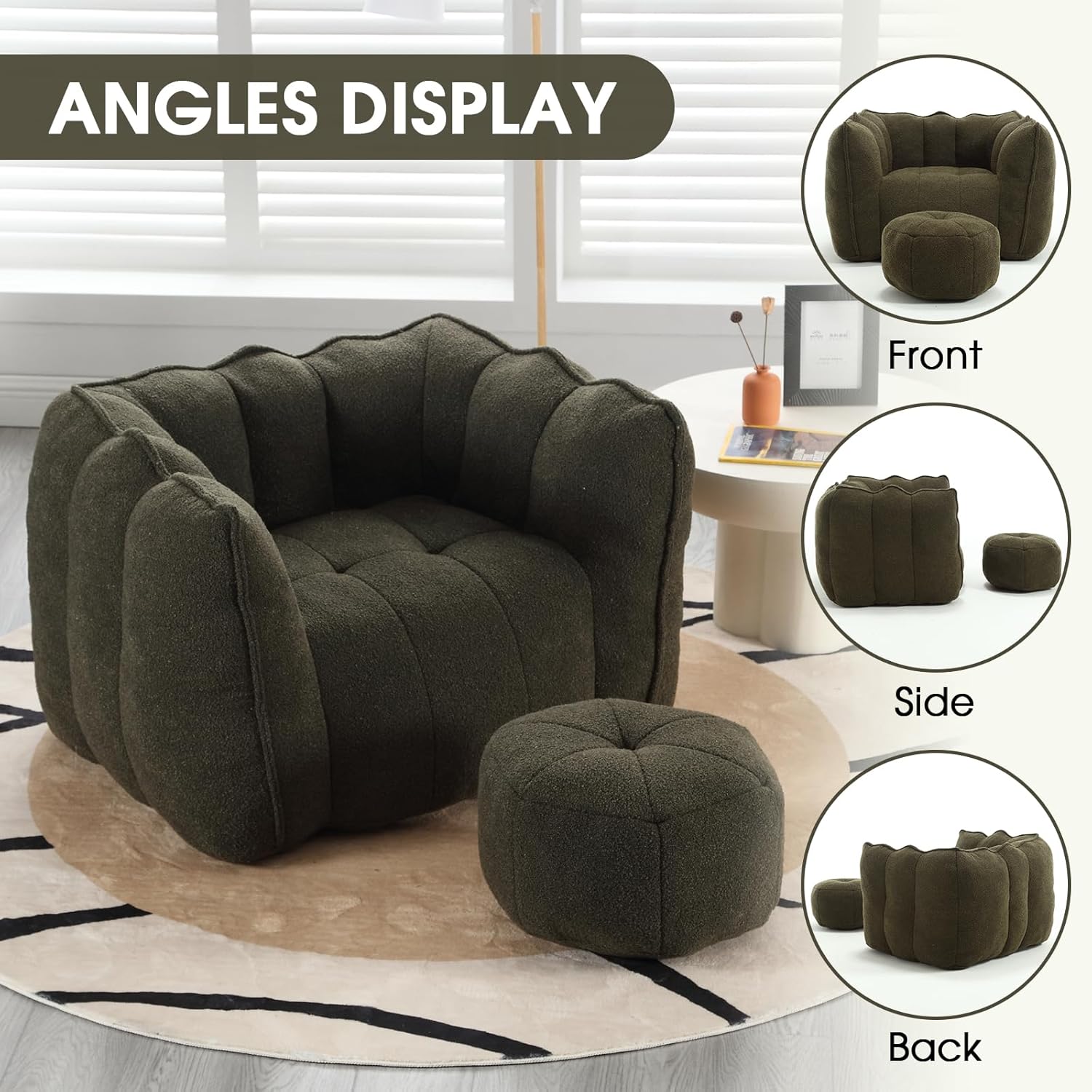 Bean Bag Chair, Teddy Upholstered Bean Bag Sofa with Round Ottoman, Stuffed Bean Bag Couch with Petal Backrest