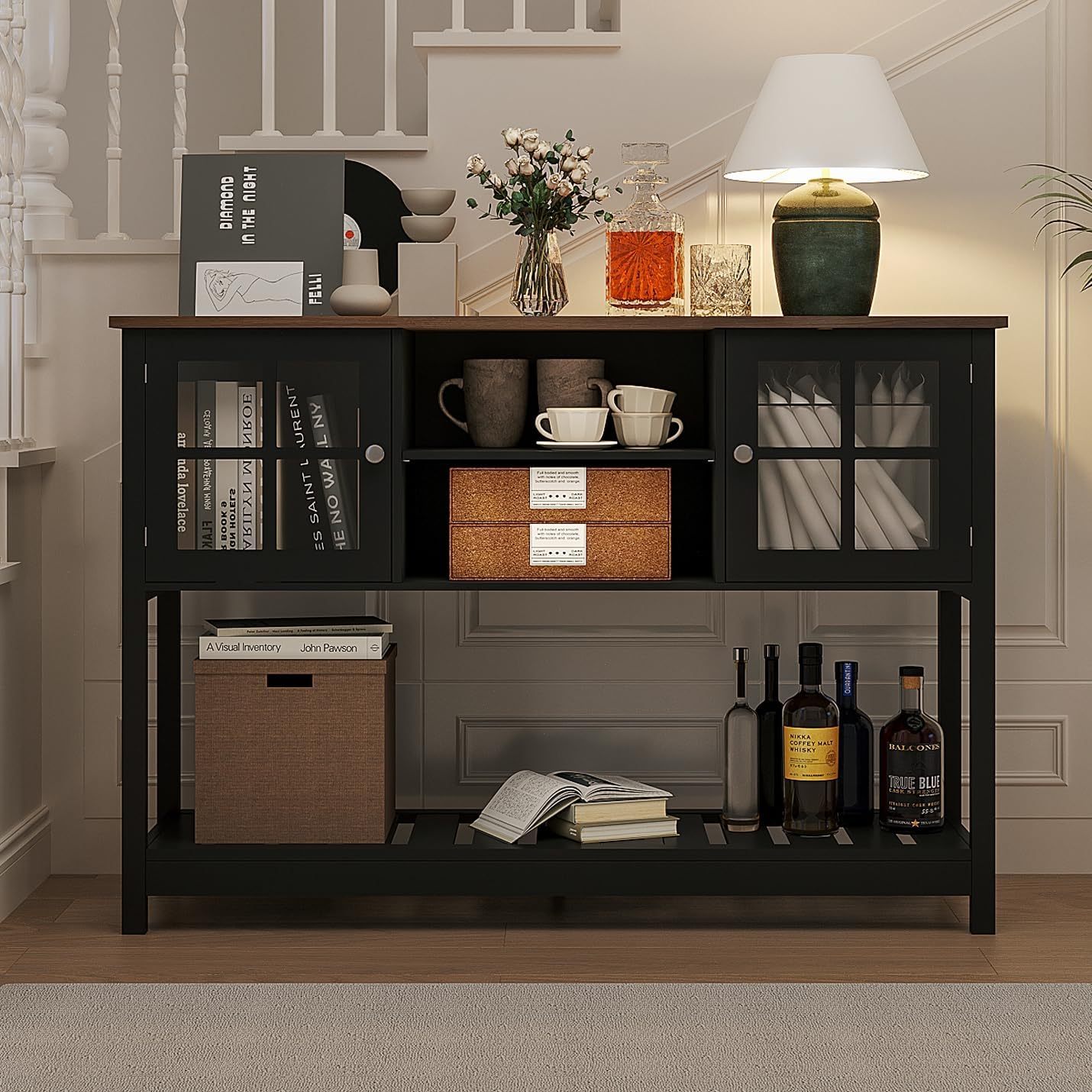 Black Entryway Table with Storage & Doors, Console Table with Adjustable Shelf