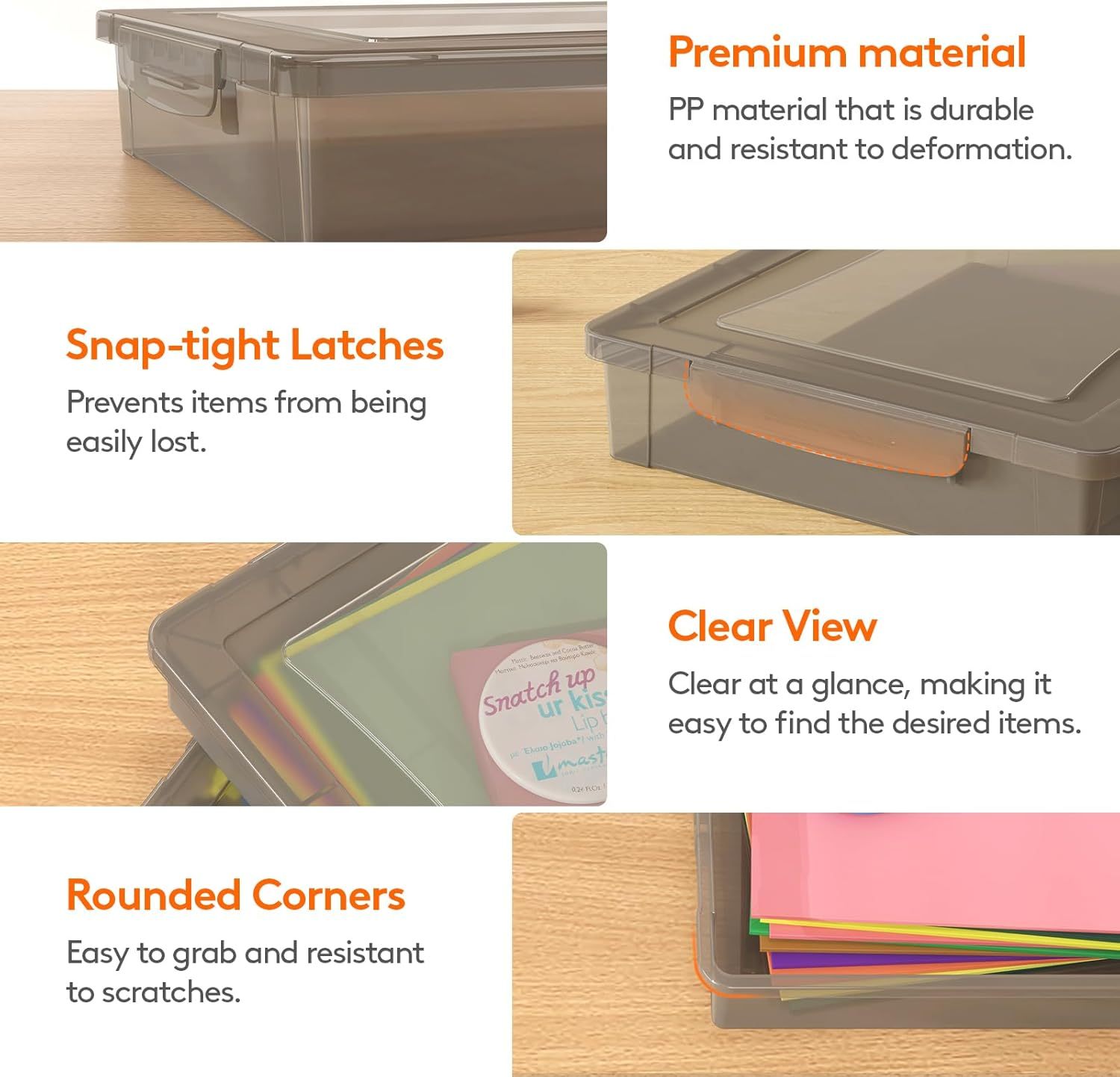 6 Pack Plastic Multi-Purpose Storage Box with Latching Lids, Gray A4, 8.5" x 11" Letter Size Paper Storage