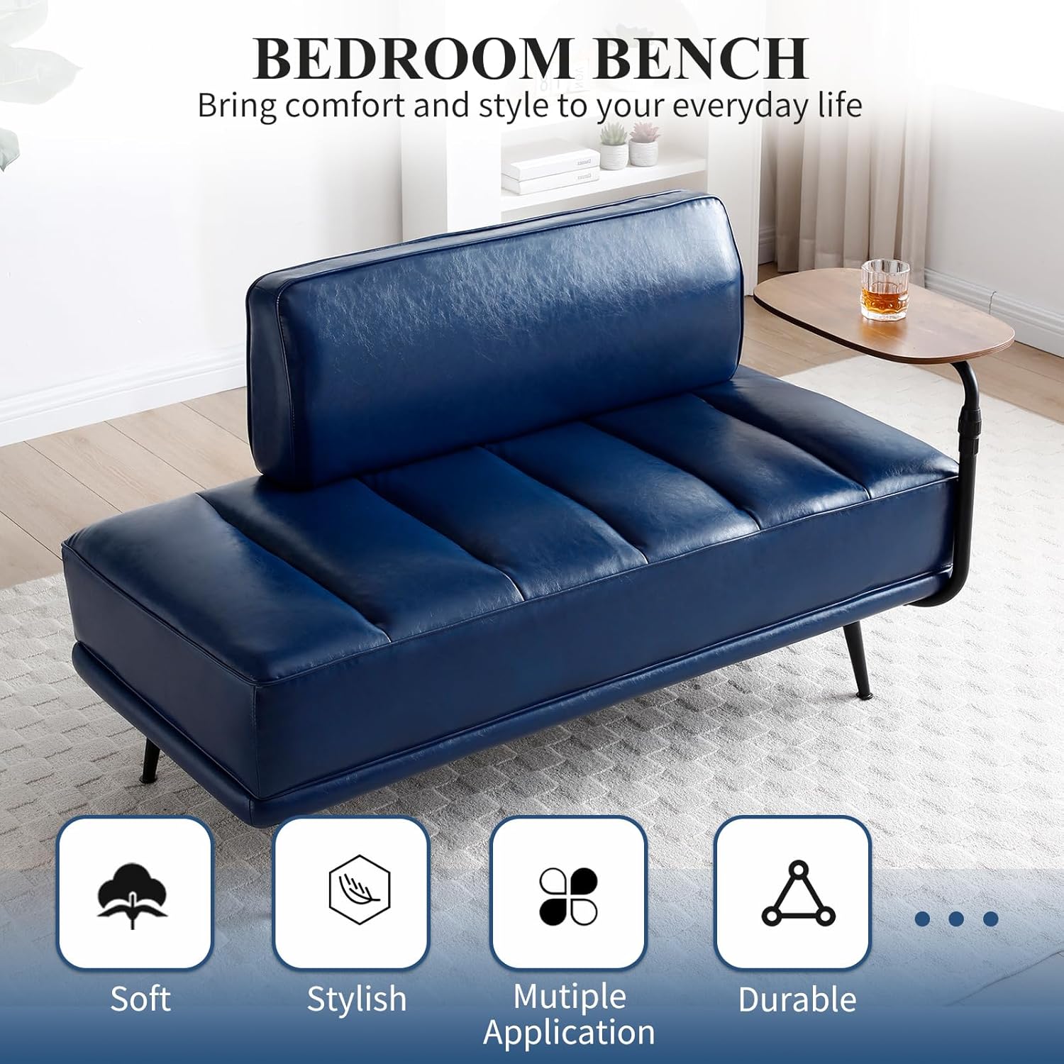 Modern Loveseat Sofa Couch, PU Leather Upholstered Small 2 Seat Sofa Couch with Side Table, Tufted Accent Sofa Couch with Metal Legs