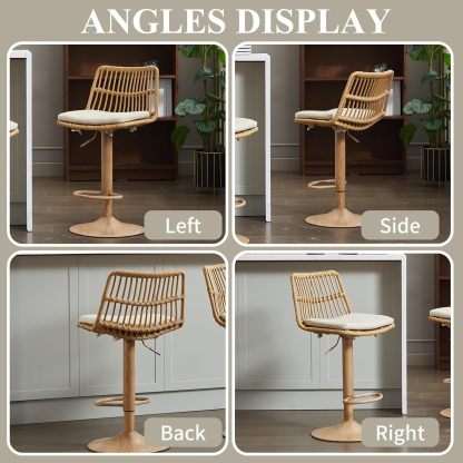 Rattan Bar Stool Set of 2, Linen Upholstered Barstool with Backrest, Swivel Bar Chair with Footrest