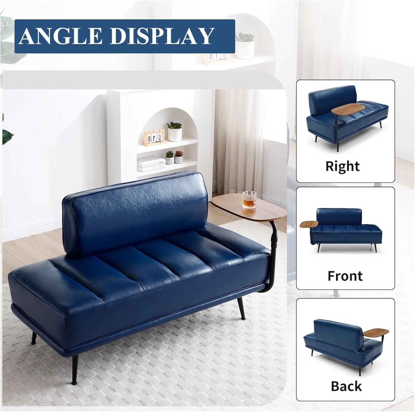 Modern Loveseat Sofa Couch, PU Leather Upholstered Small 2 Seat Sofa Couch with Side Table, Tufted Accent Sofa Couch with Metal Legs