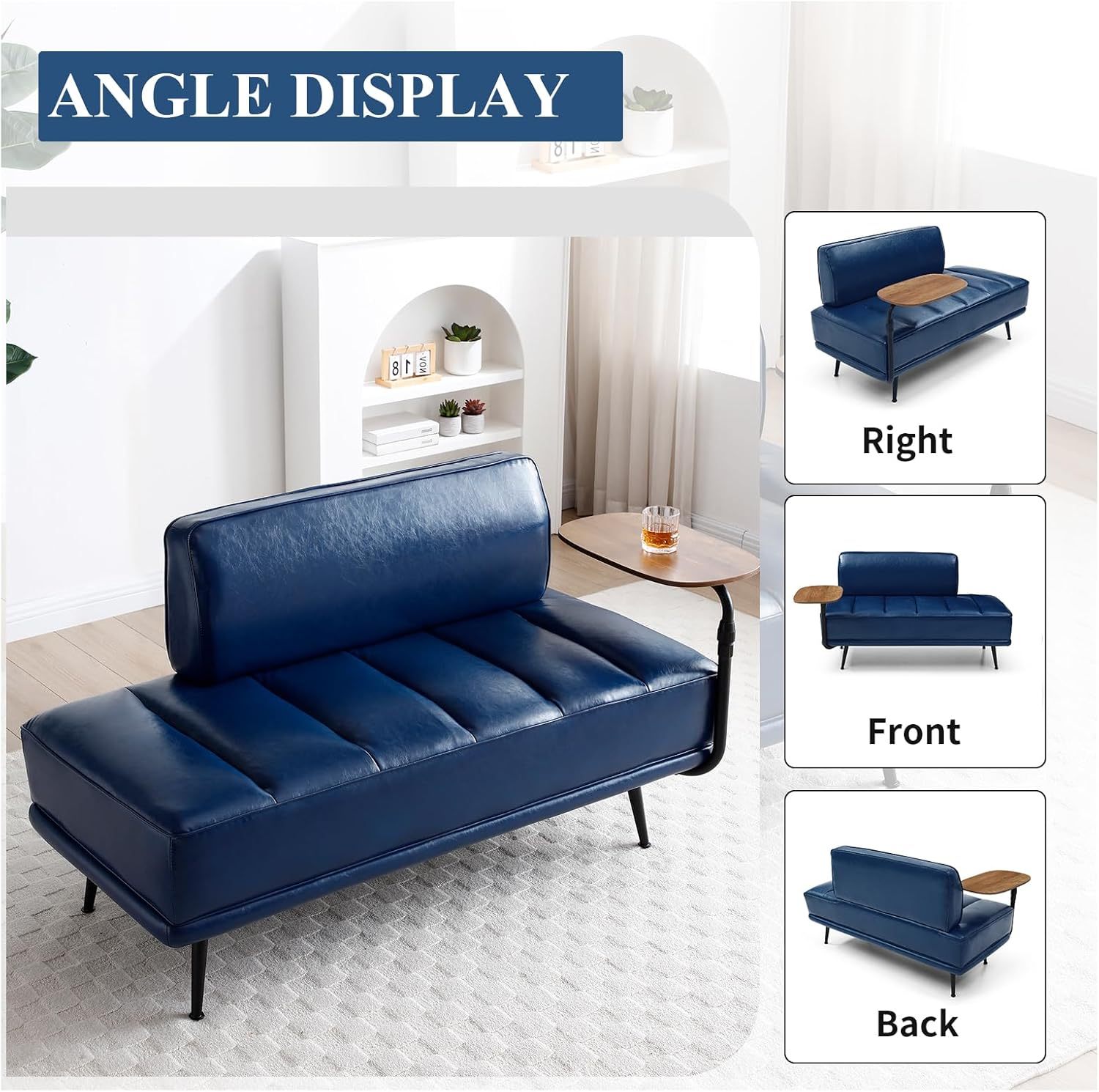 Modern Loveseat Sofa Couch, PU Leather Upholstered Small 2 Seat Sofa Couch with Side Table, Tufted Accent Sofa Couch with Metal Legs