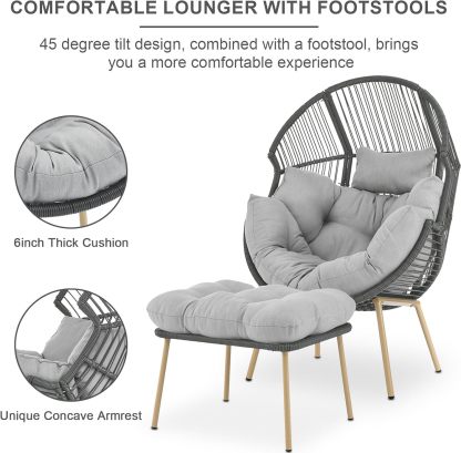 Egg Chair with Ottoman Oversized Outdoor Lounger Wicker Egg Basket Chair with Stand Cushions for Patio Backyard Bedroom Living Room 350LB Capacity