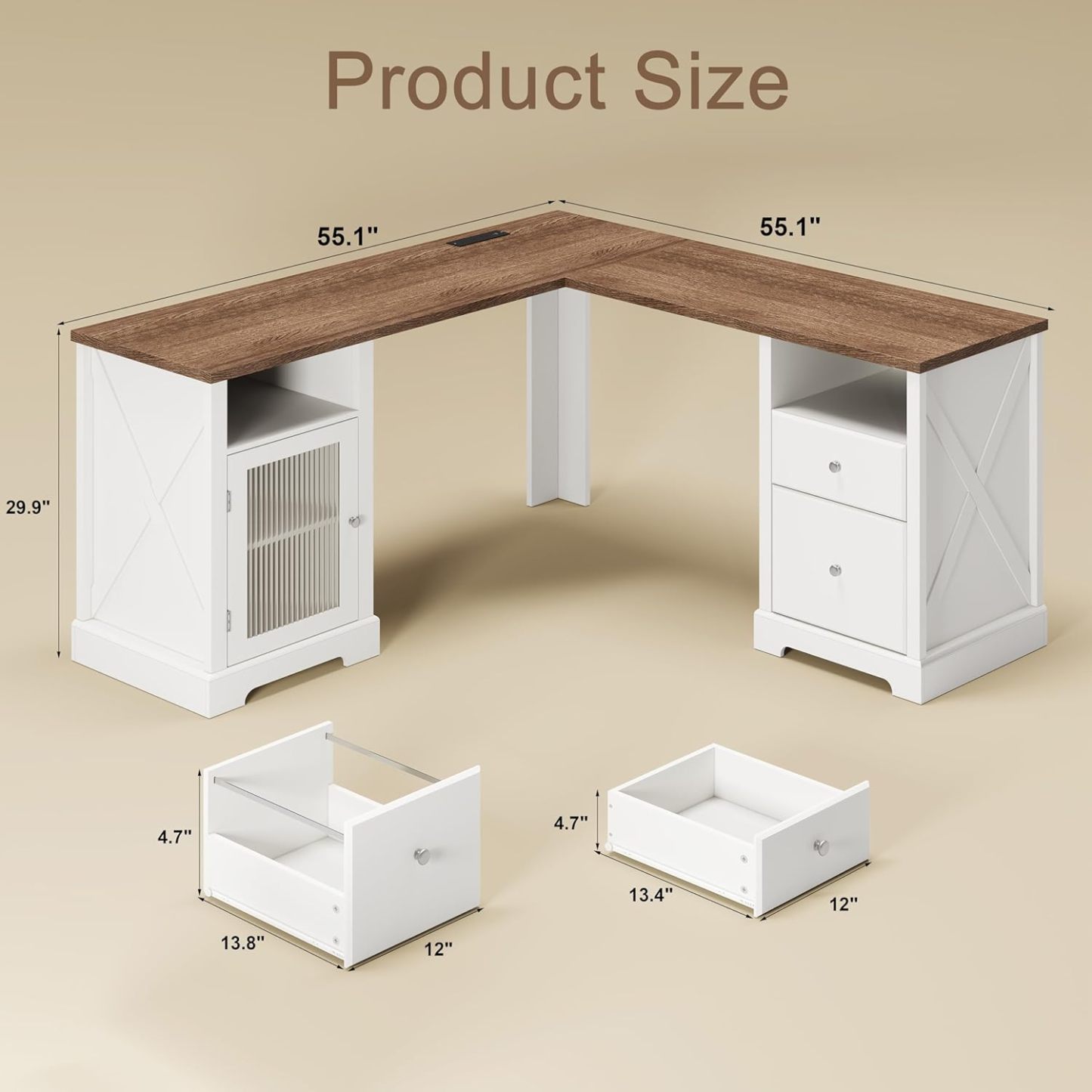Farmhouse L Shaped Desk with Drawers & Storage Shelf, Home Office Desk with Storage Cabinet