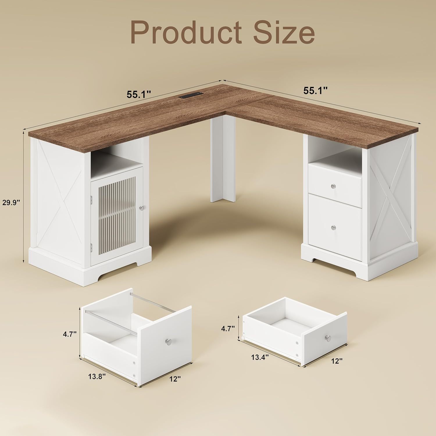 Farmhouse L Shaped Desk with Drawers & Storage Shelf, Home Office Desk with Storage Cabinet
