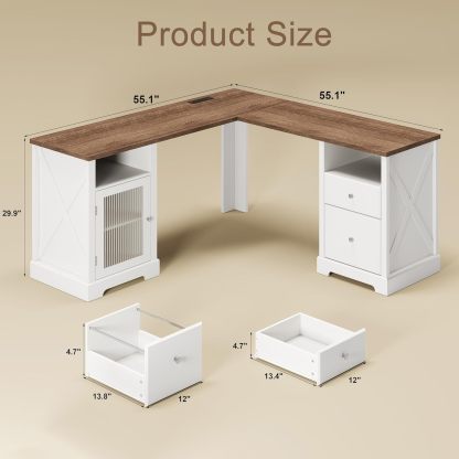 Farmhouse L Shaped Desk with Drawers & Storage Shelf, Home Office Desk with Storage Cabinet