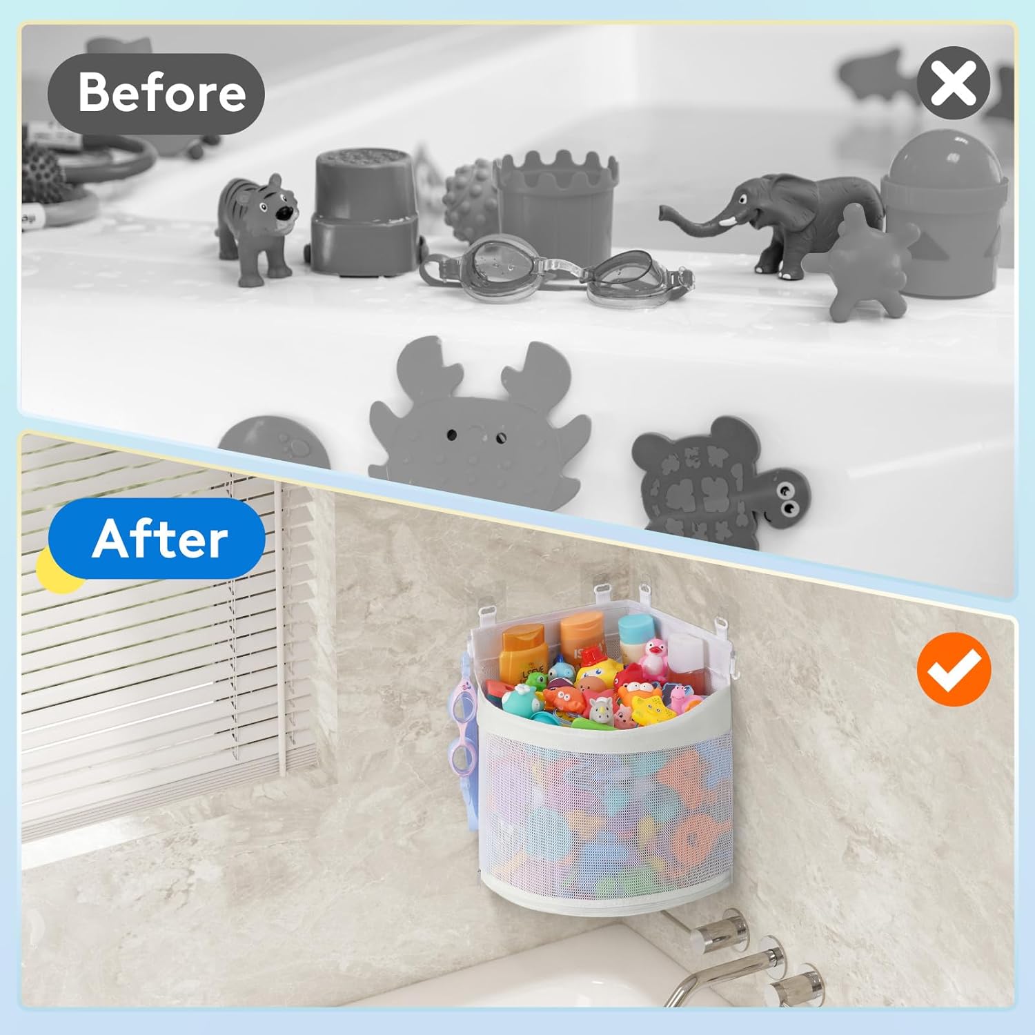 Bath Toy Storage Holder, Mesh Shower Caddy for Bathtub Toy Organizer, Corner Hang-Suspension Shower Toy Holder