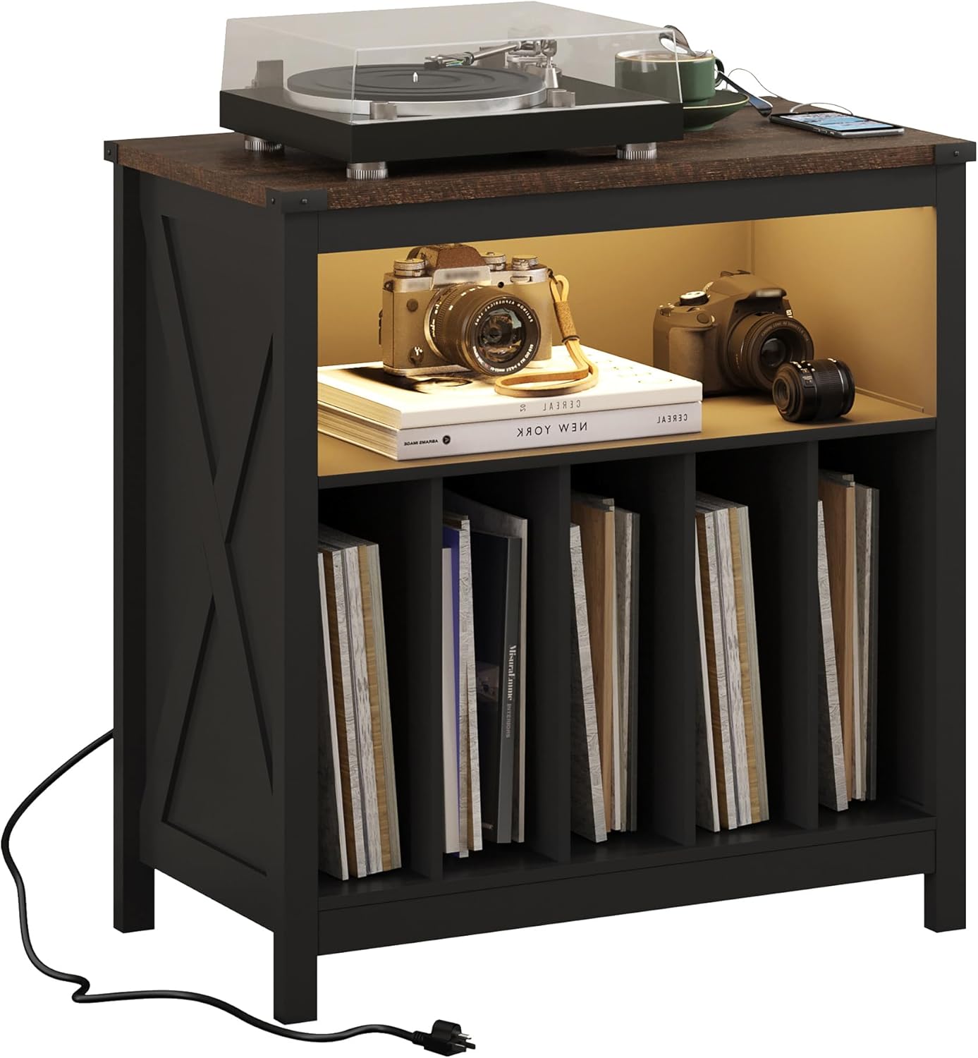Large Record Player Stand with Charging Station & LED Light, Vinyl Record Holder hold up to 300 Albums