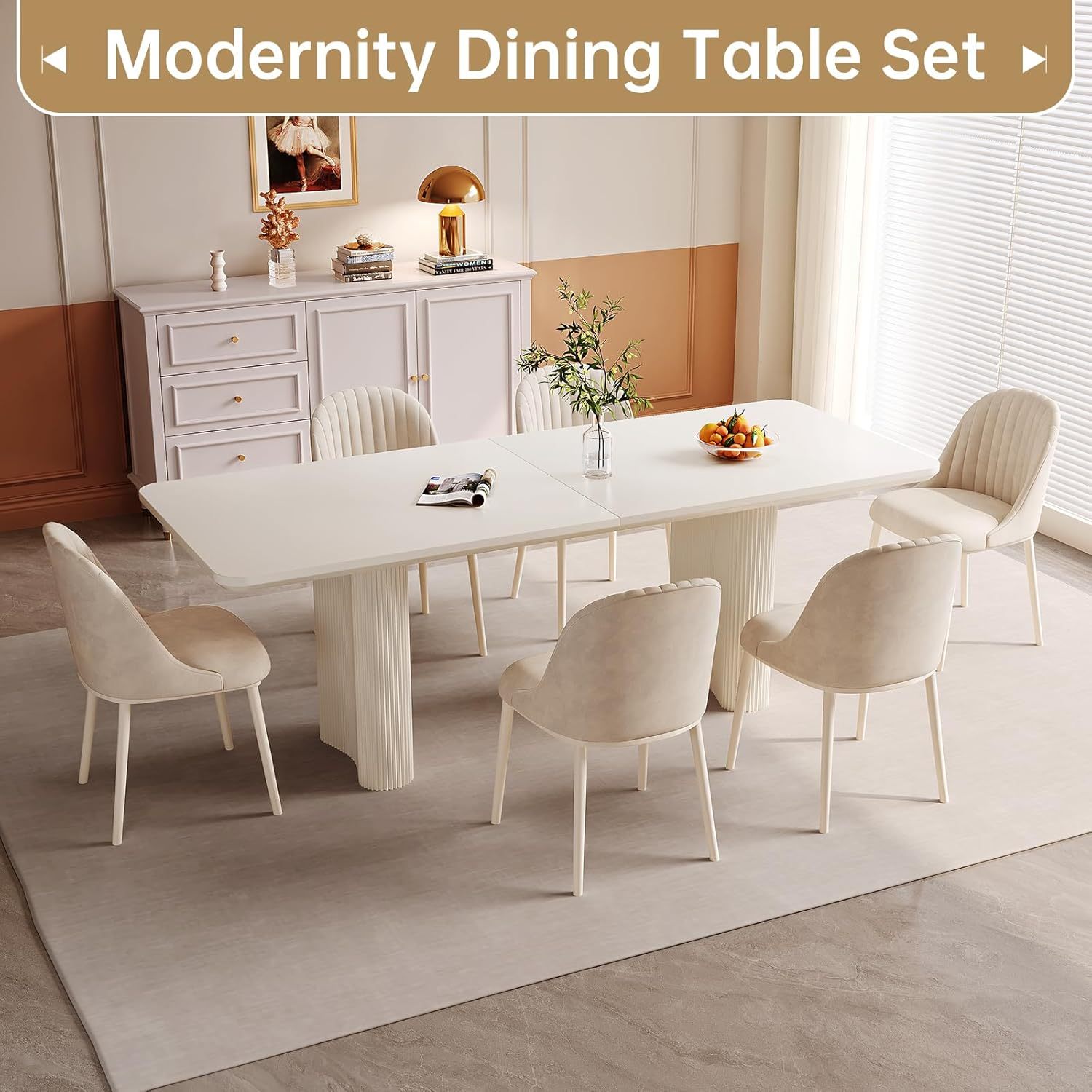 79" Rectangular Dining Table for 2-8, Large White Kitchen Table with 1.92" Dining Top and Sturdy Sleek Wave Pedestal