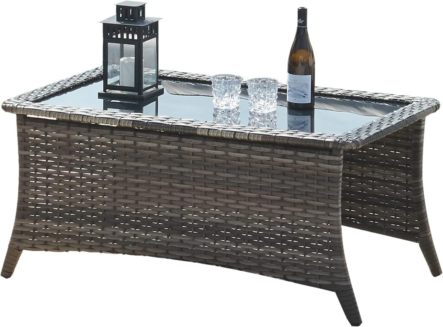 Outdoor Coffee Table Patio Rattan Patio Side Table Built-in Black Glass Top PE Wicker Rectangle Sofa Table Dark Brown