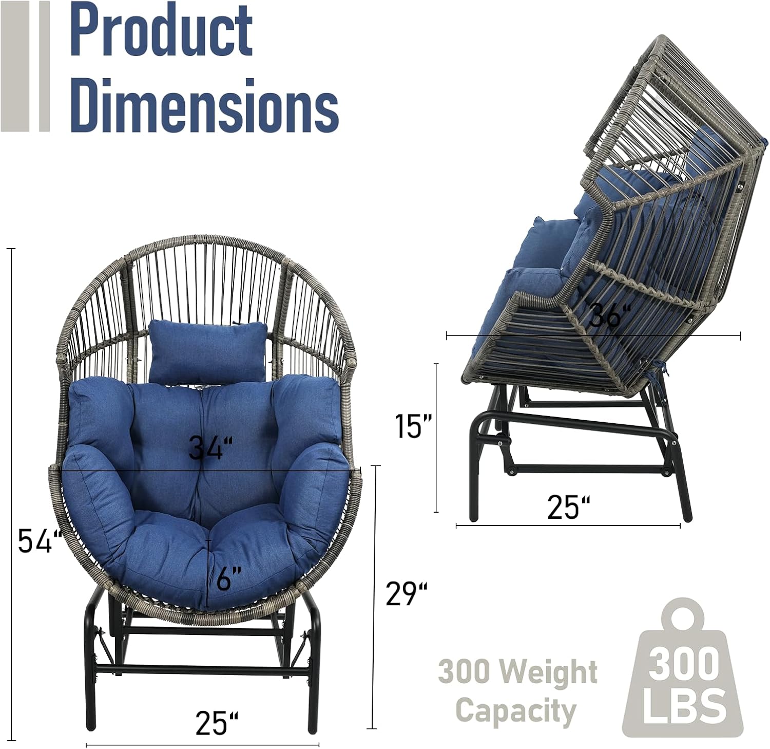 Outdoor Rocking Egg Chair - All-Weather Wicker Egg Basket Chair Rocker Glider Chair for Patio Balcony Living Room Sunroom