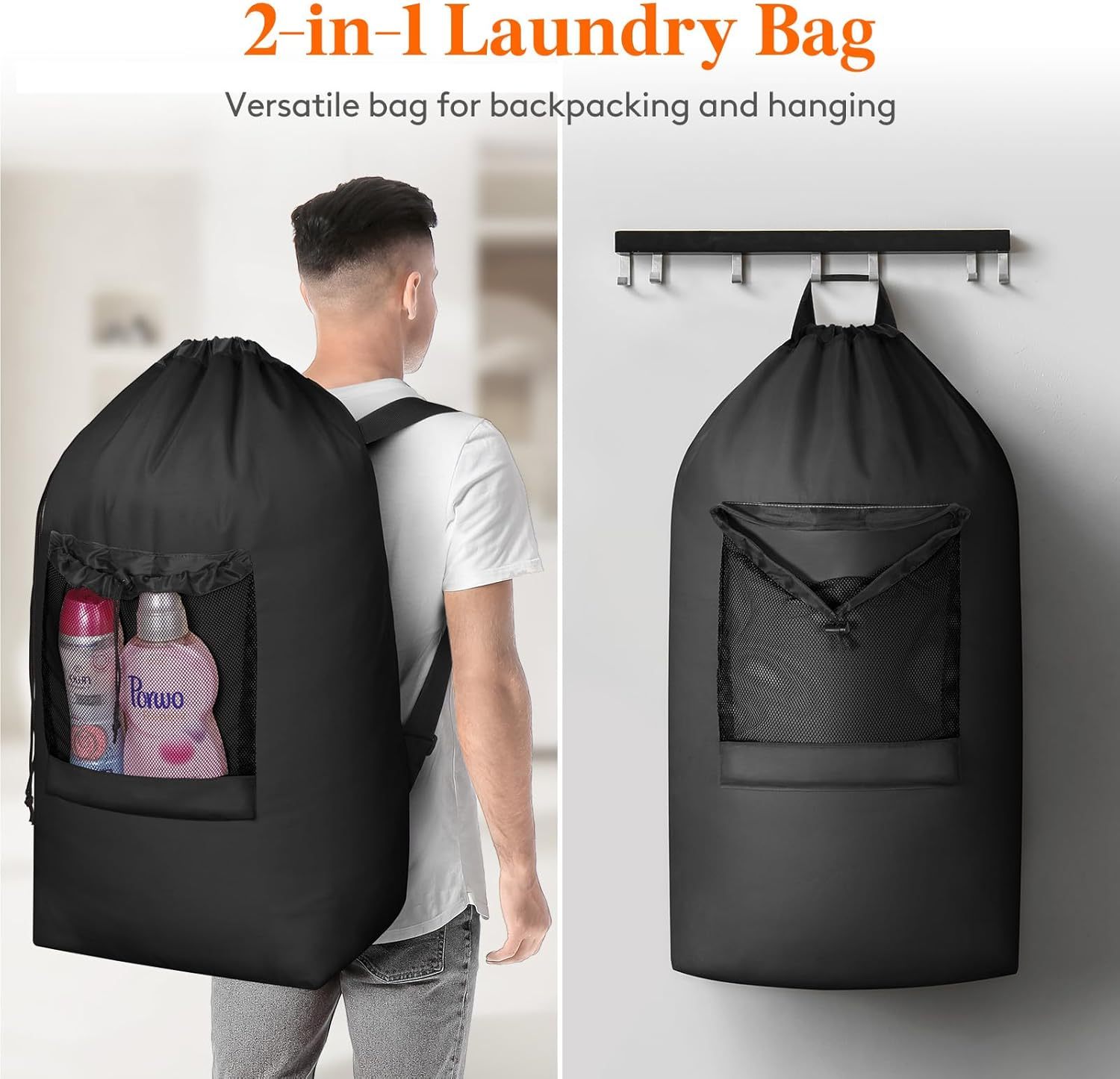 90L Laundry Bag, Extra Large Laundry Backpack with Shoulder Straps and Mesh Pocket for Laundromat, Heavy Duty Laundry Bag Backpack