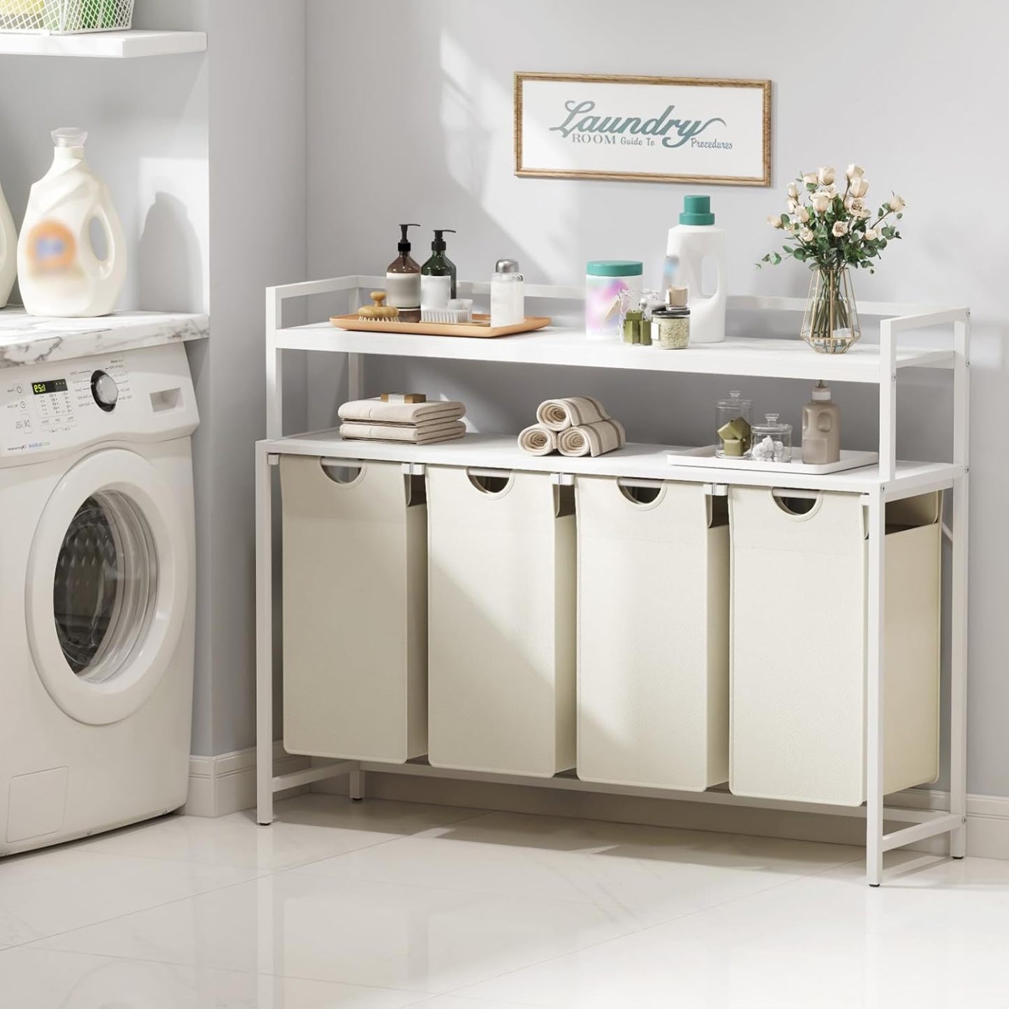 Laundry Hamper 4 Section, 168L Pull out Laundry Clothes Basket Organizer with Shelves and 4 Removable Bags and Handles