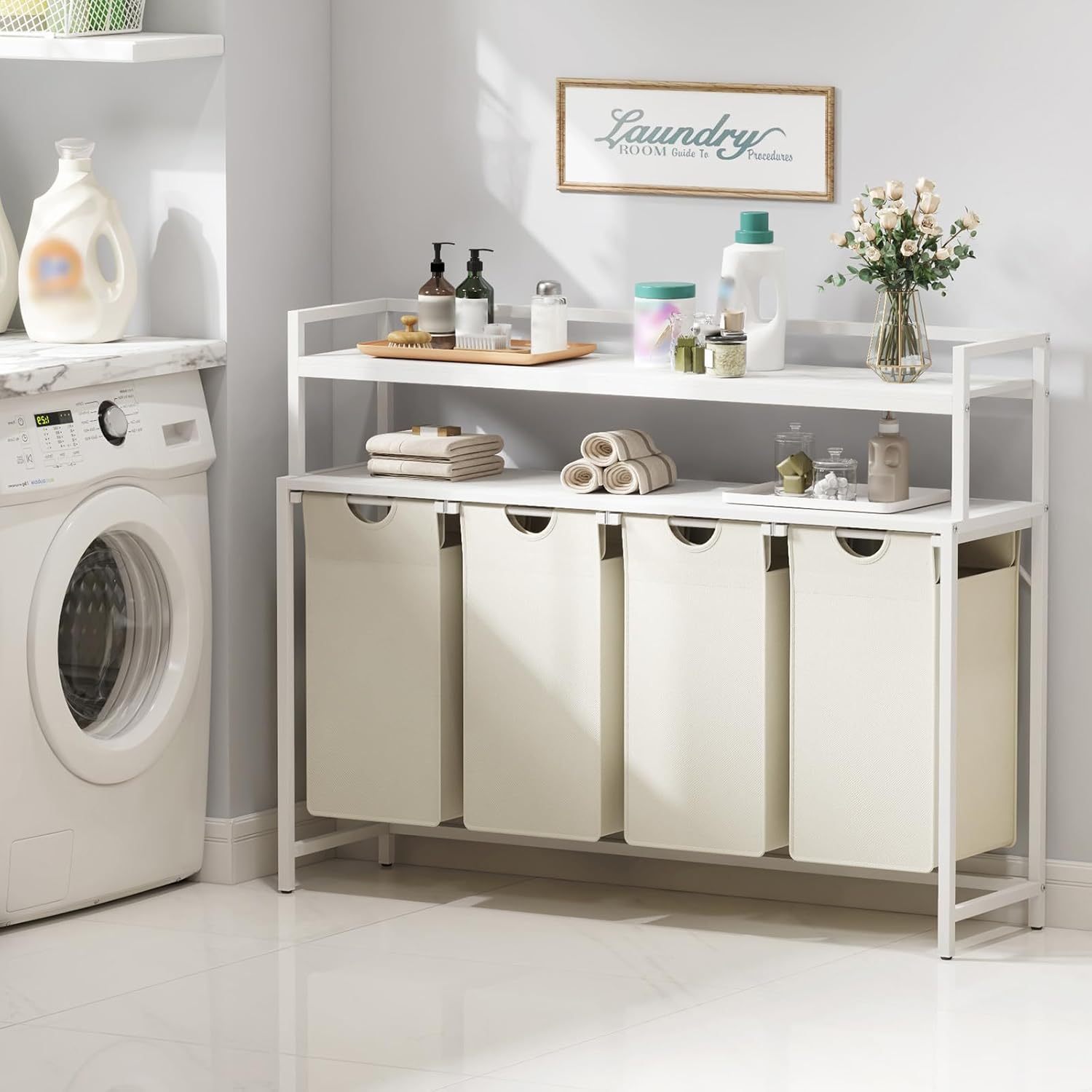 Laundry Hamper 4 Section, 168L Pull out Laundry Clothes Basket Organizer with Shelves and 4 Removable Bags and Handles