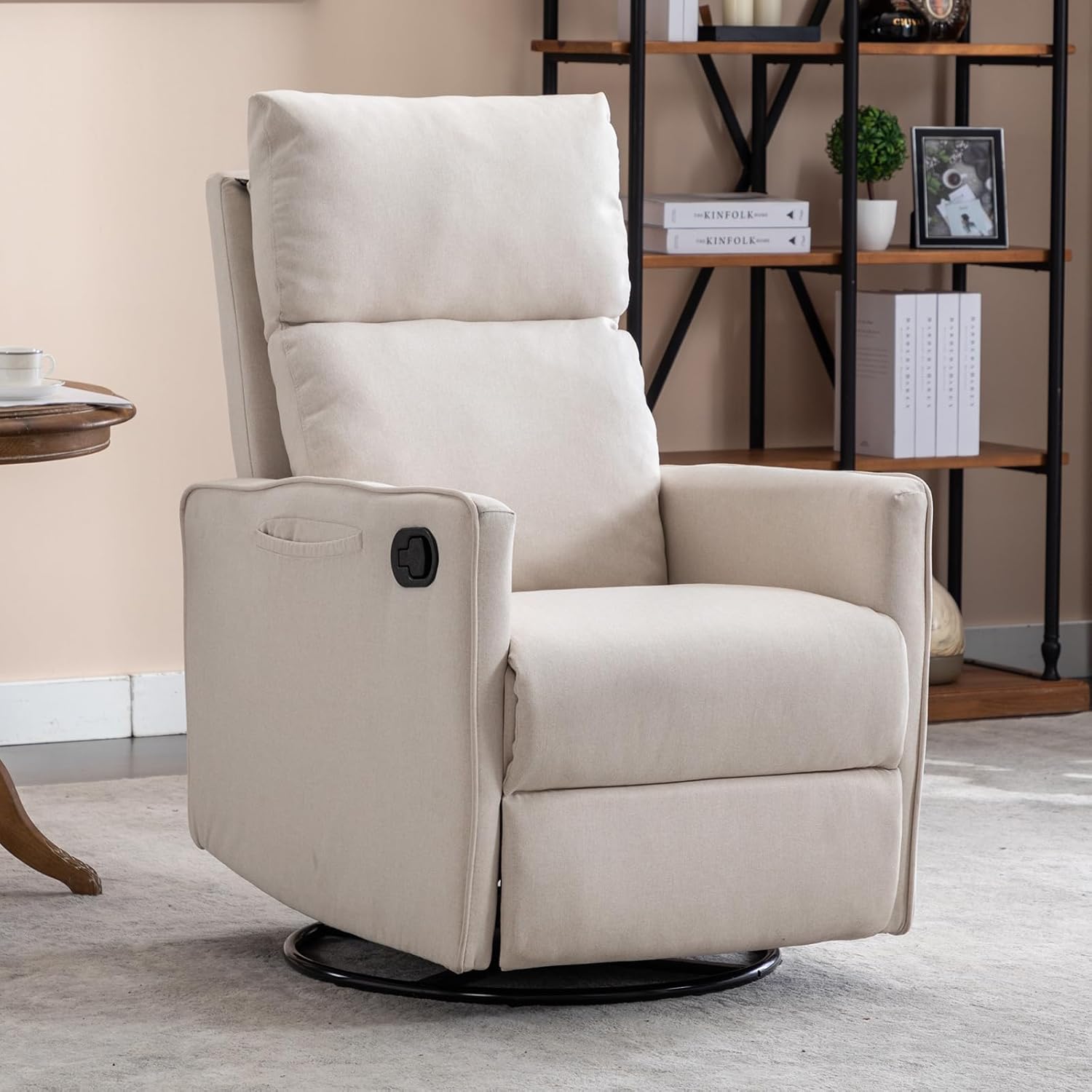 Nursery Rocking Chair, Linen Upholstered Glider Chair with High Backrest and Footrest, Manual Recliner Sofa Chair with Side Pocket