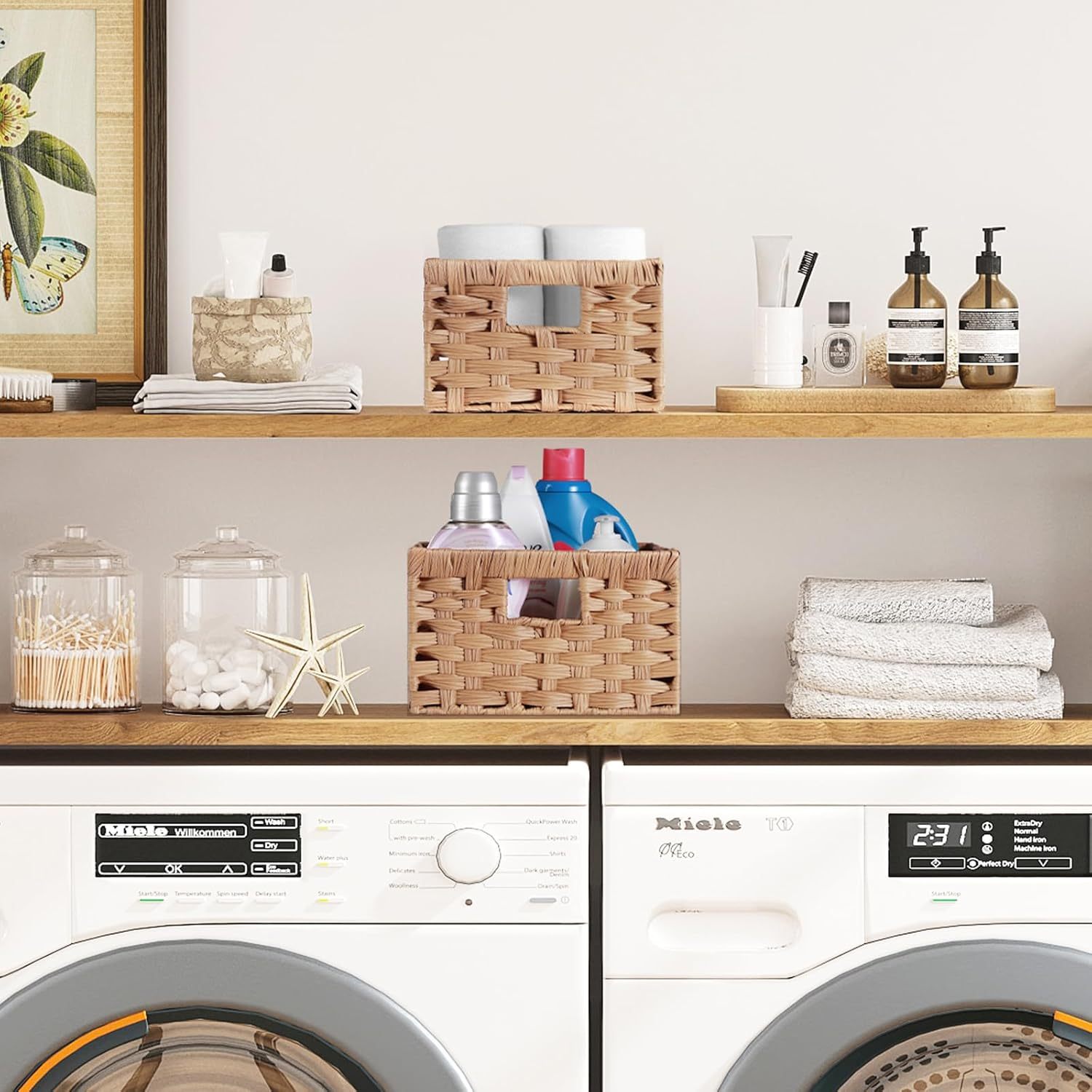 Handwoven PP Wicker Storage Basket, Waterproof Imitation Rattan Basket with Built-in Handles