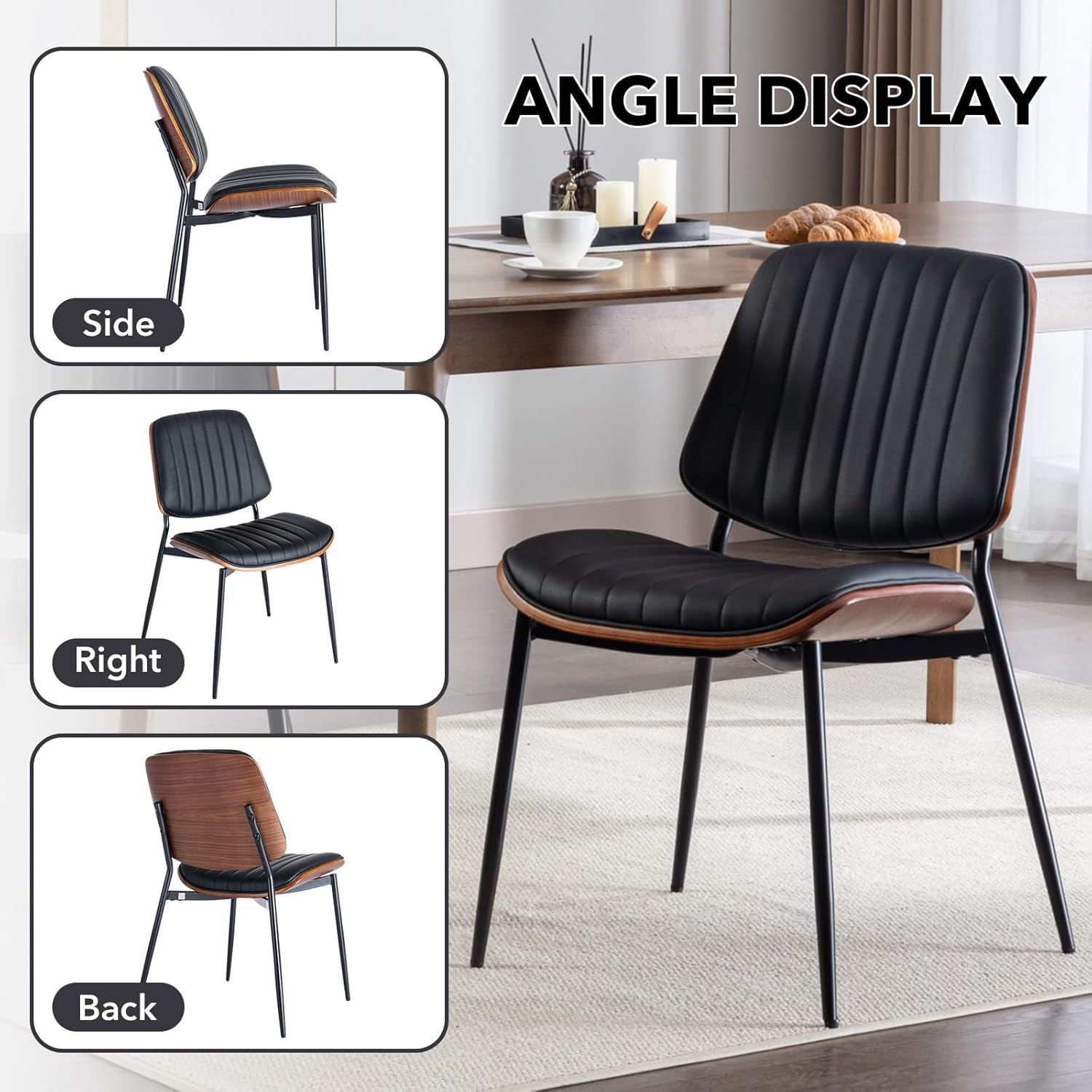 Dining Chairs Set of 2, PU Leather Upholstered Side Chairs with Open Back, Tufted Kitchen Chairs with Metal Legs