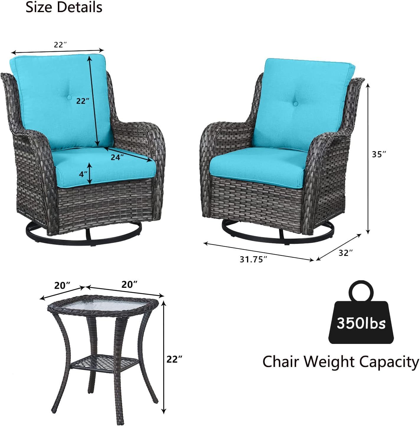 3-Piece Swivel Rocking Rattan Chair Outdoor,Patio Bistro Furniture Conversation Set,Wicker Chair with Glass Side Table