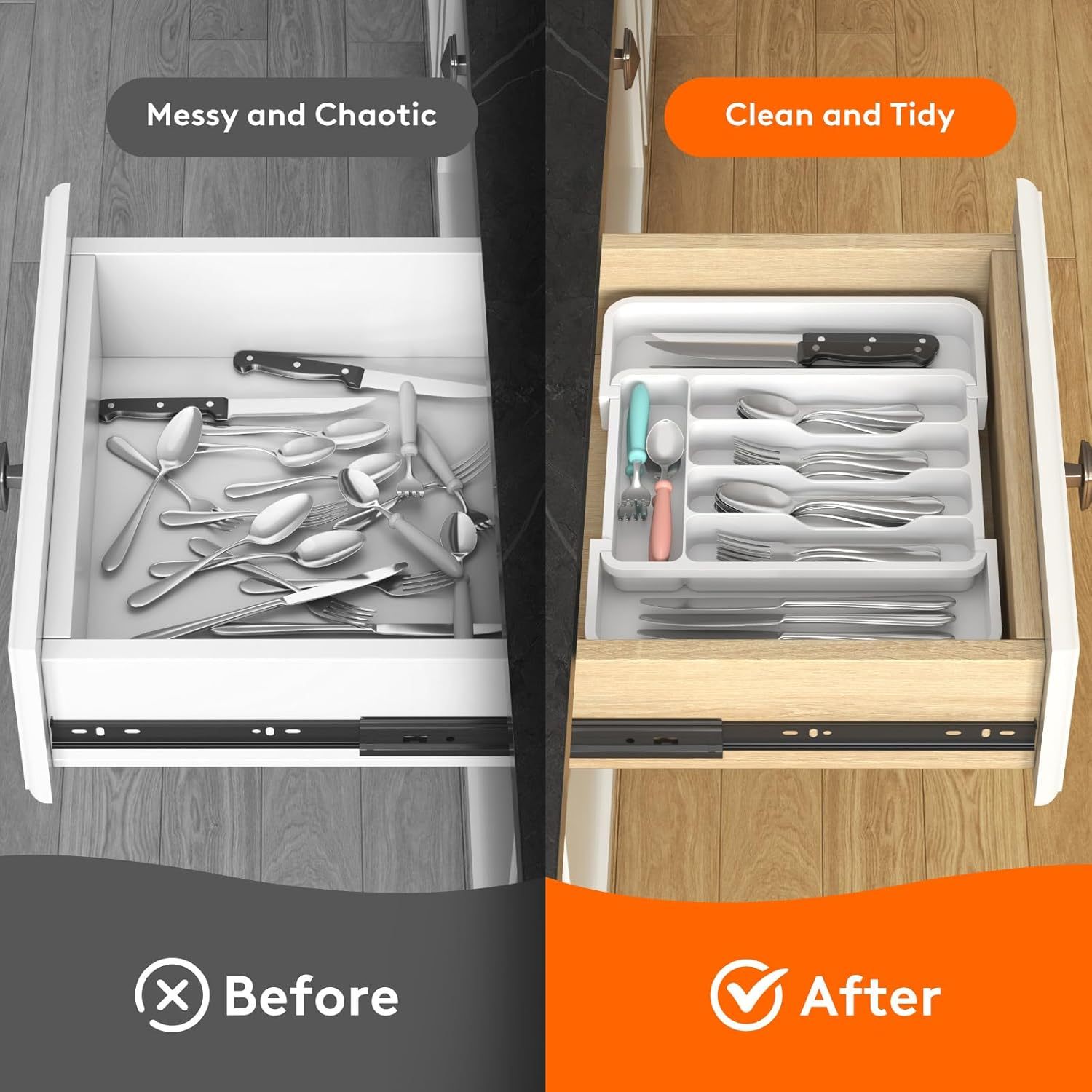 Silverware Drawer Organizer, Expandable BPA Free Utensil Tray for Kitchen, Adjustable Flatware and Cutlery Holder