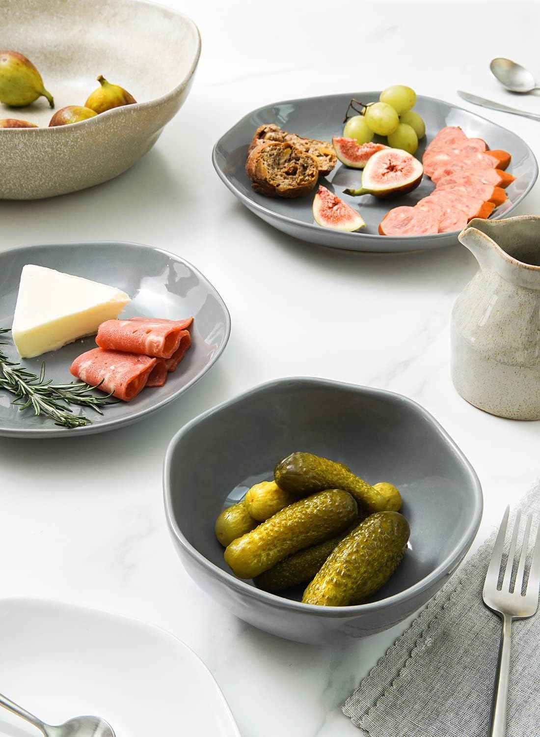 Dinnerware Sets 12 Piece, Serve for 4, Ceramic Plates and Bowls Set (10" Dinner Plates + 8" Salad Dish + 22 oz Bowl) x 4, Suit For House Warming Wedding, Dishwasher Microwave Oven safe - Grey