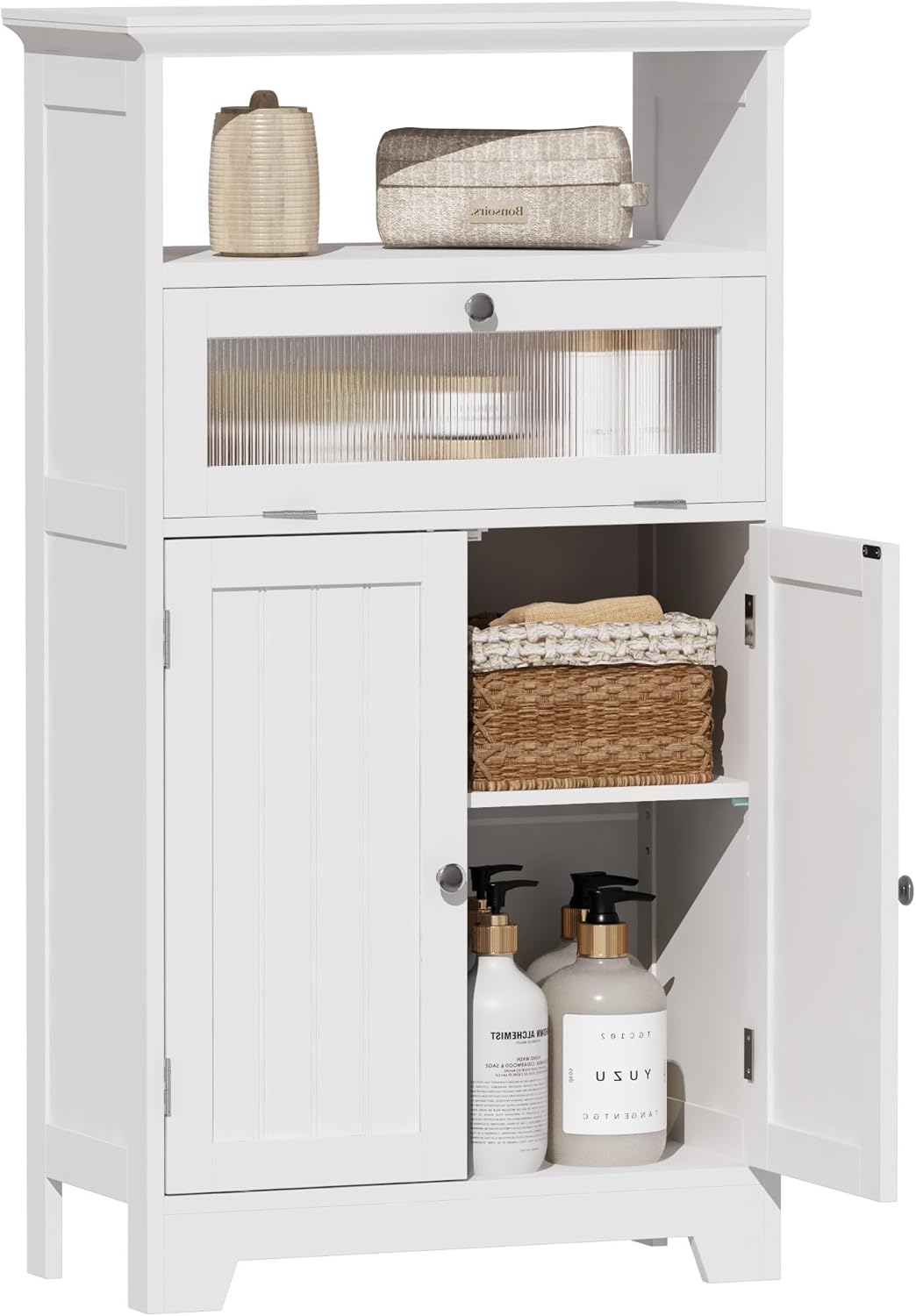 Bathroom Floor Storage Cabinet with Flip Glass Drawer, Bathroom Cabinets