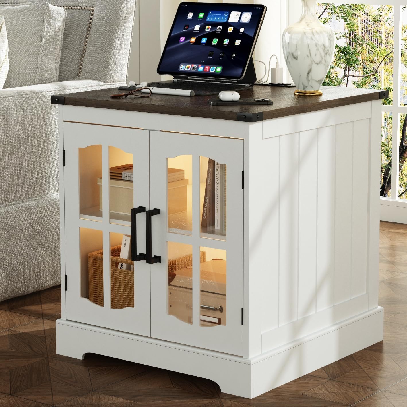 Farmhouse End Table, 24" Large Sofa Side Table with Charging Station & LED Light, White Nightstand with Adjustable Storage Shelf