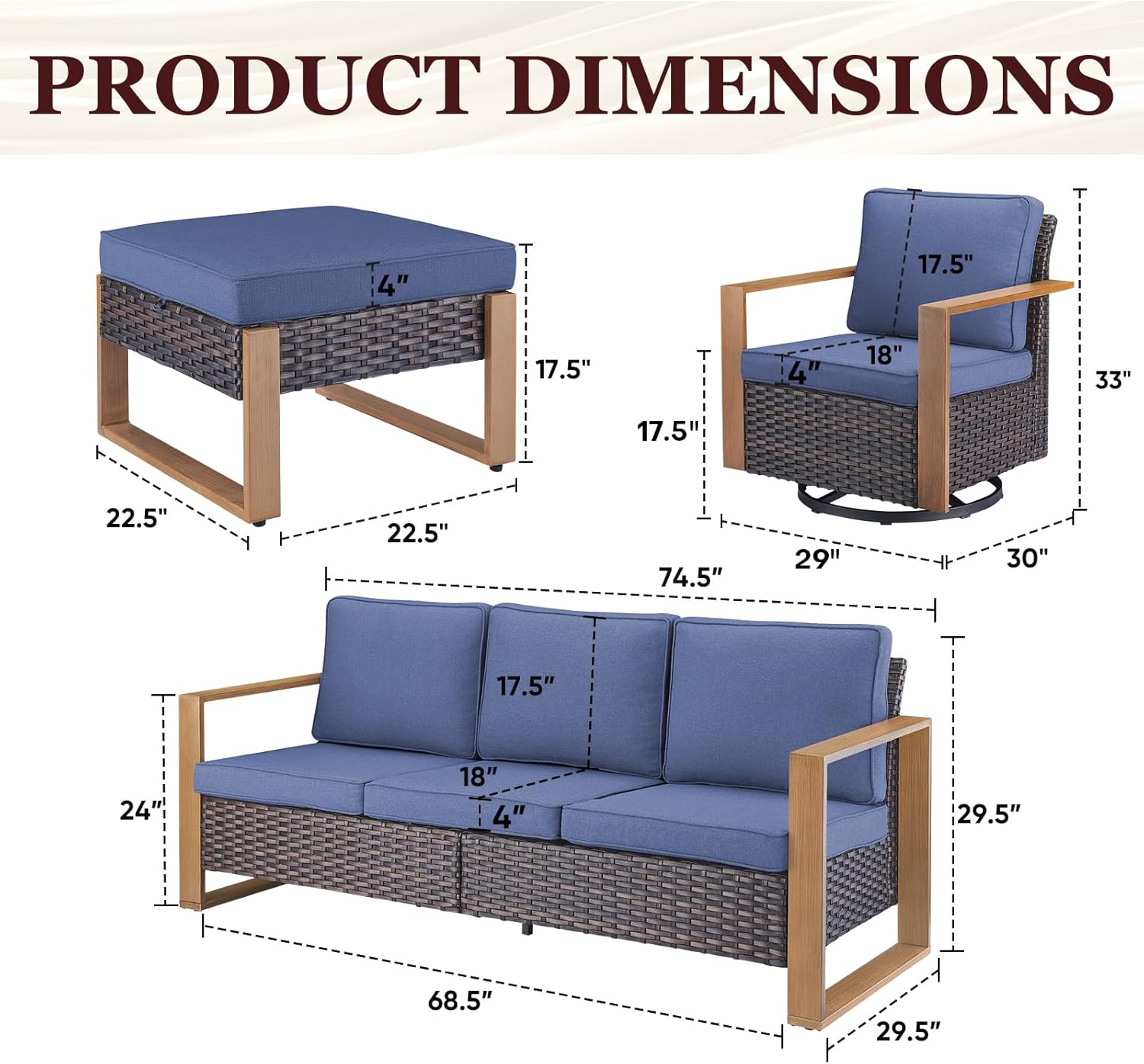 5 Piece Wicker Patio Furniture Set-Deep Seating Outdoor Couch with Swivel Patio Chairs Patio Furniture Set for Garden Backyard Balcony Poolside