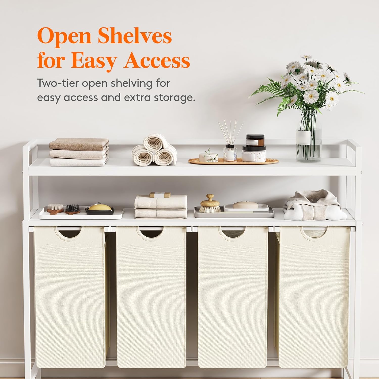 Laundry Hamper 4 Section, 168L Pull out Laundry Clothes Basket Organizer with Shelves and 4 Removable Bags and Handles