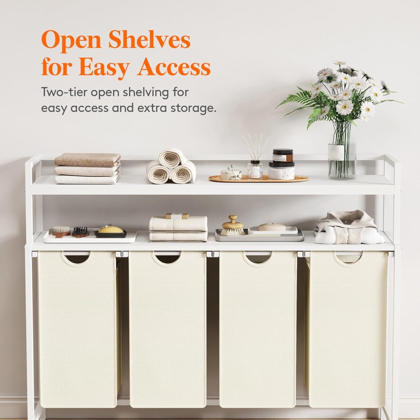 Laundry Hamper 4 Section, 168L Pull out Laundry Clothes Basket Organizer with Shelves and 4 Removable Bags and Handles